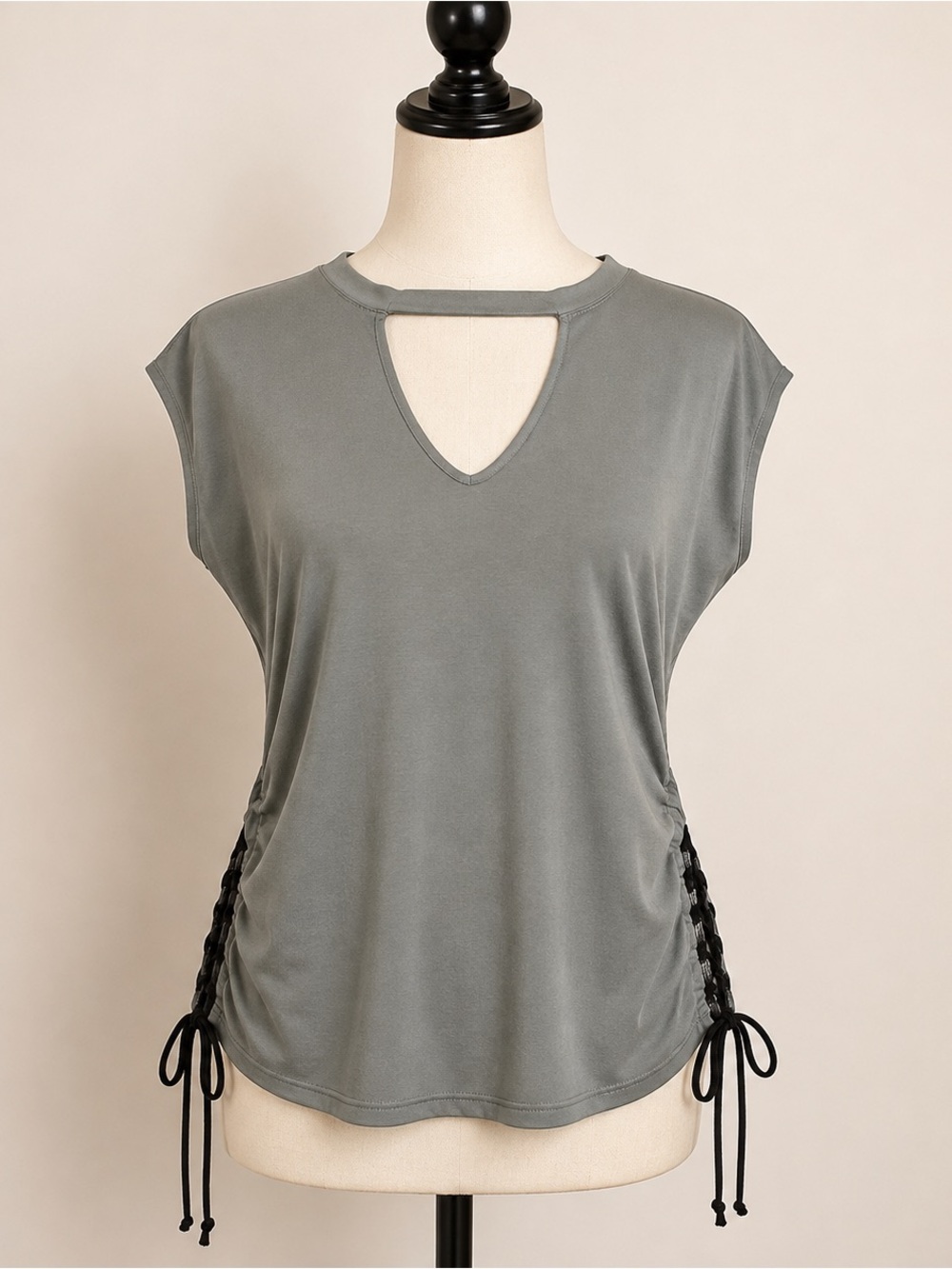 Lace Up Side Tunic Top Sage Gray Black L.